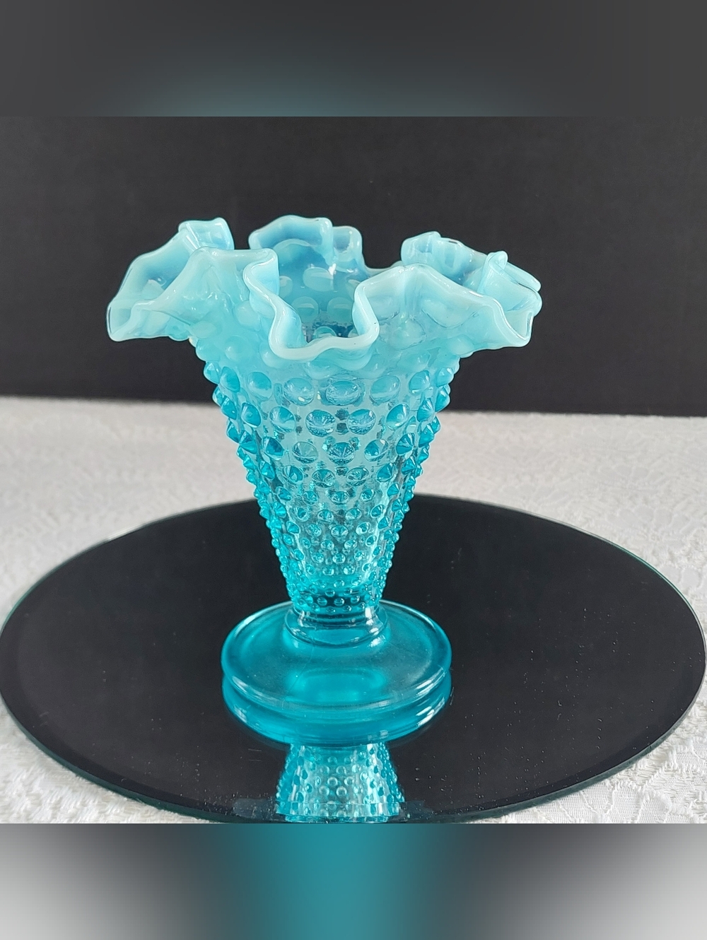 Fenton Blue Opalescent Hobnail Trumpet Vase - 5.5" Tall